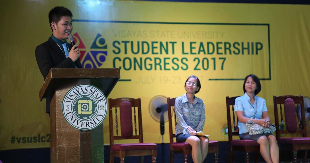TAKE IT FROM ME. Former student leader Marjhun Ricarte keynotes the Student Leadership Congress as Prof. Aleli Villocino, USSC adviser, and Ms. Cristy Tauy, VSU's student organizations in-charge, look on. Photo by VSU Media Team.