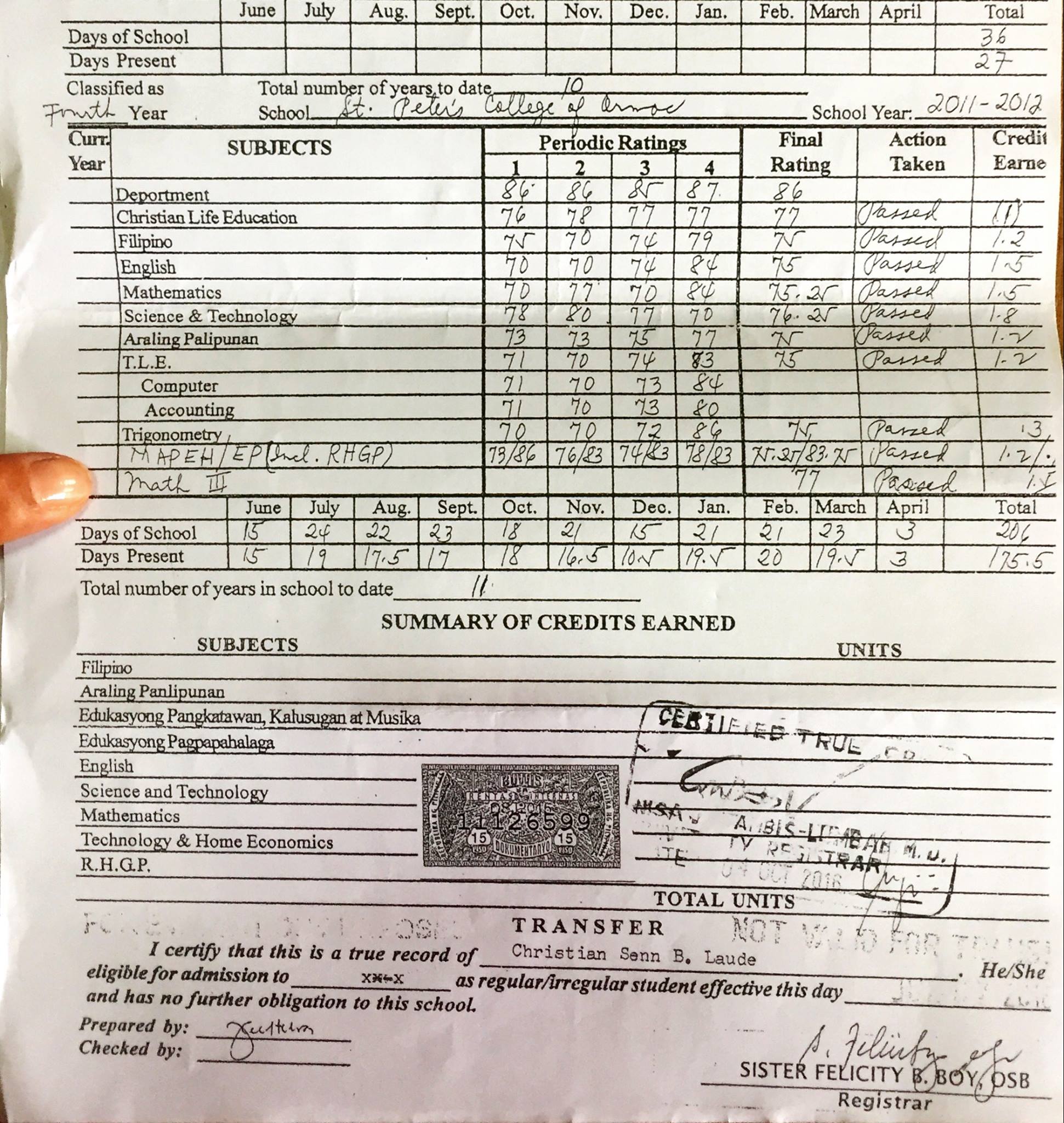 TAMPERED? Laude's report card appear to have handwritten records.