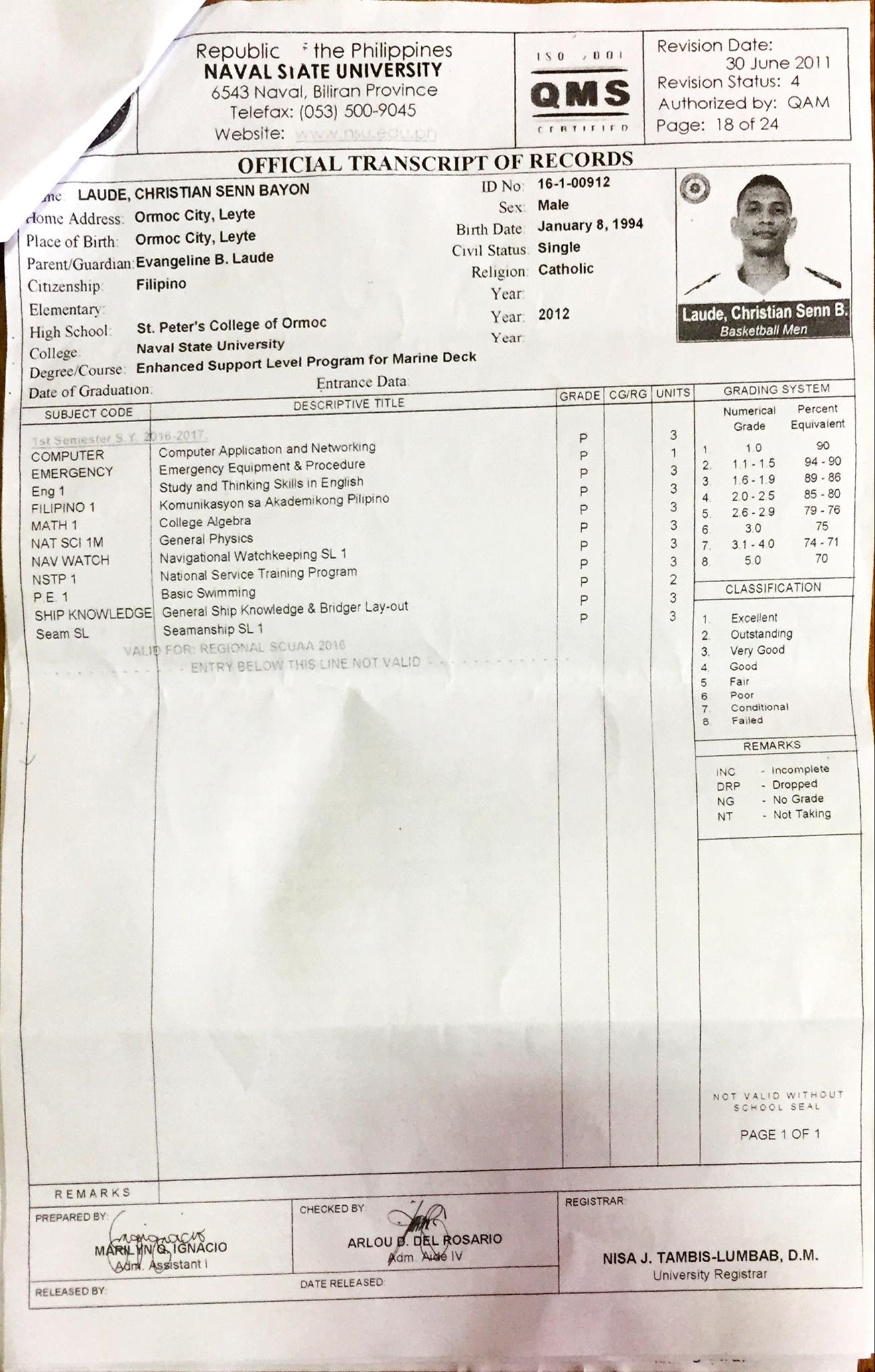 NOT A TRANSFEREE? Laude's transcript of records at NSU do not reflect his transfer from another school.