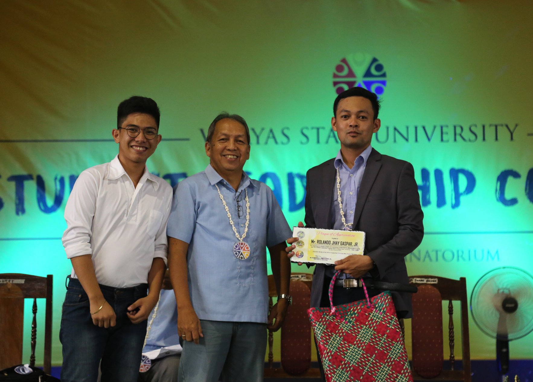 SECOND TERM. USSC President, John Allan Gulles with Dean of Students, Prof. Manolo B. Loreto and Ormoc City Youth Development Officer, Mr. Rolando Jhay Gaspar, Jr. during the second Student Leadership Congress. Photo from VSU Media Team